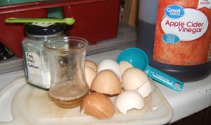 Egg shells drying, vinegar fizzing with egg shell powder.